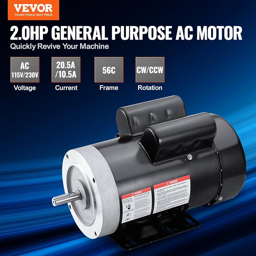 BRM2 52° 58° VEVOR 2HP Electric Motor 1725 RPM, AC 115V/230V, 56C Frame